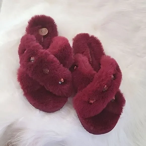 NWT MICHAEL KORS FUR SLIPPERS HOUSE SHOES SANDALS 10 MAROON JEWEL